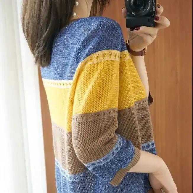Large Size T-shirt Women Cutout Thin Sweater Five-quarter Sleeve Shirt Casual Loose Pullover for Youth Summer