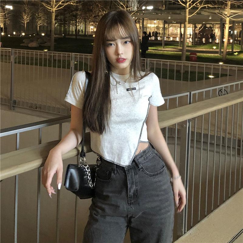 Women Ladies Summer Personality Tops Irregular Loose Short Sleeve Short T-shirt Blouse