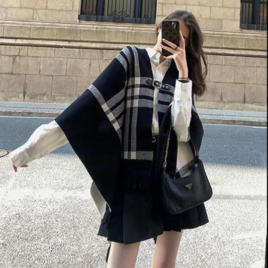 Loose Shawl Cloak Wear on Both Sides, Outer Cardigan Jacket Knitted Sweater Women's Temperament Shawl Cloak Sweater Plaid Cardigan