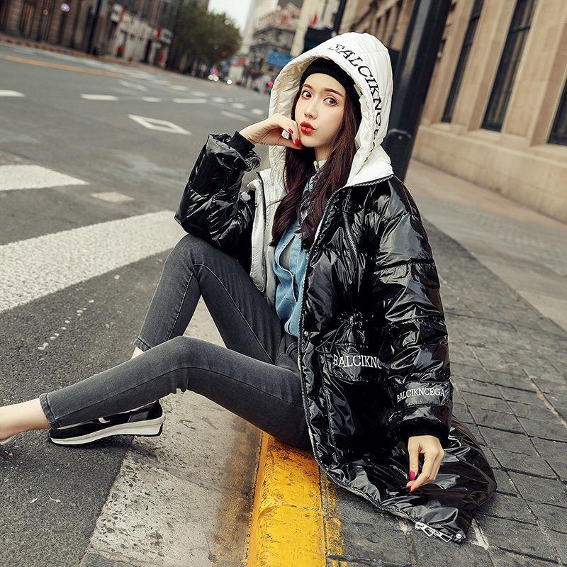Winter Down Jacket Shiny Korean Version of White Duck Down Thick Loose Mid-length Waist Slimming Hooded Fashion Jacket