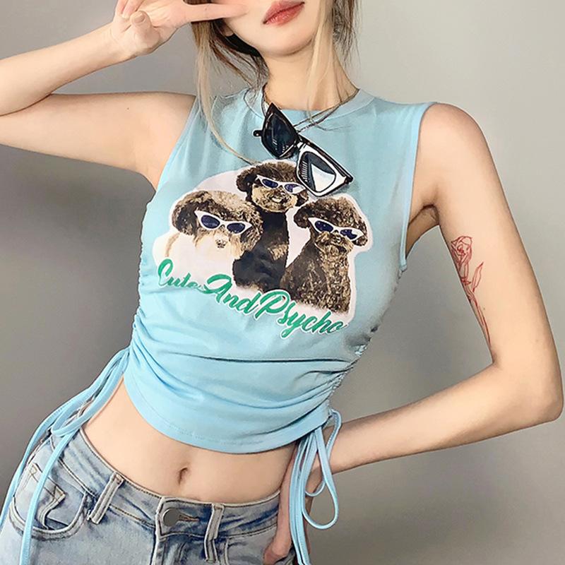 Summer Ladies Vest Fashion Retro Love Puppy Magic Mirror Print Short Side Drawstring Thin Round Neck Vest Sweet and Spicy Top