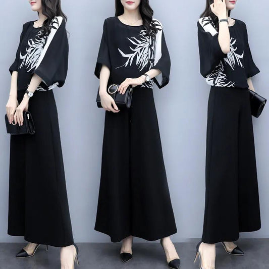Women's Black Two-piece Wide-leg Trousers Printed Belly Slimming Shirt Casual Suit Women's Plus Size Temperament Casual Loose Suit