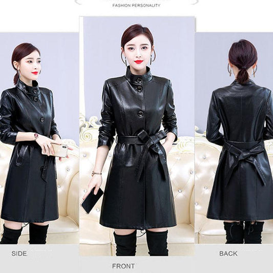 Women's Sheepskin Leather Jacket Long Slim Fit Stand Collar Large Leather Trench Coat Sheepskin Coats with Belt