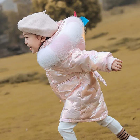Girls' Warm and Windproof Down Jacket Children's Clothing Plus Velvet Mid-length Thickened Shiny Coat