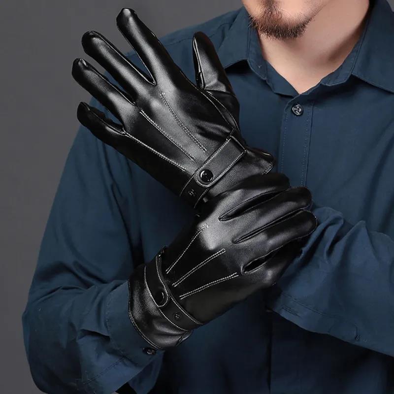 A Pair of Leather Gloves Men's Winter Plus Velvet Thick Warm Touch Screen Cycling Gloves