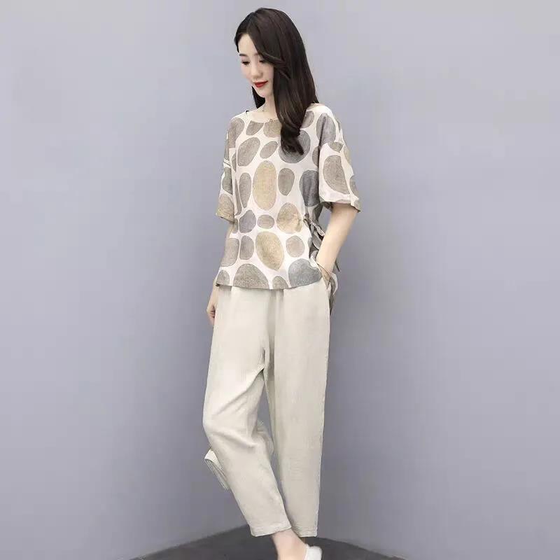 Cotton Loose Short-sleeved Round Neck Blouse Wide-leg Pants Suit Loose and Thin Casual Two-piece Female Temperament Elegant Suit