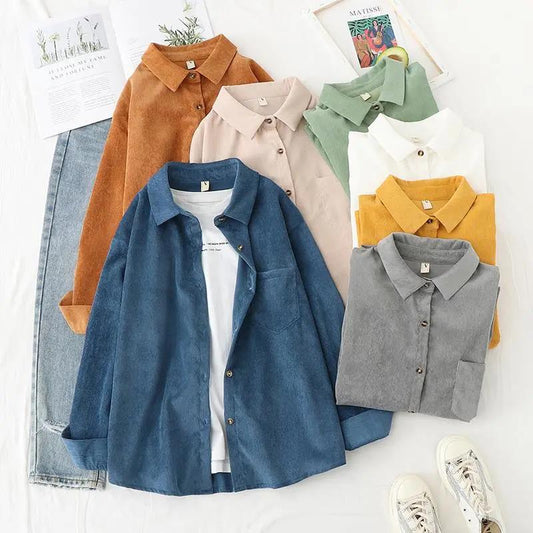 Women Corduroy Shirts Ladies Large Size Tunic Tops Female Long Sleeve Solid Color Clothing Button Up Down Loose Blouses