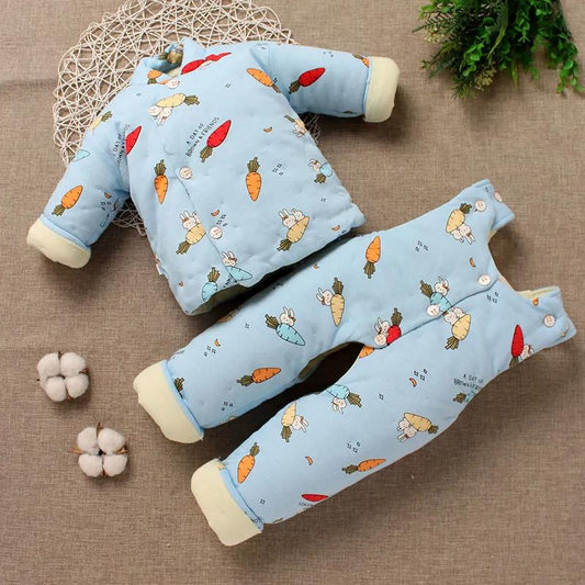 Boys and Girls Baby Handmade Cotton Clothes Set Children's Autumn and Winter Baby Solid Color Printed Pattern Warm Cotton Clothes