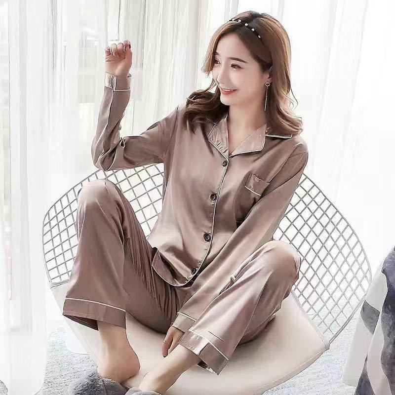 Set Pajamas Female Ice Silk Long-sleeved Cute Two-piece Suit Can Be Worn Outside Sexy Spring and Summer Plus Size Home Service Soft Fabric
