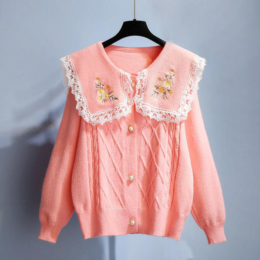 Peter Pan Collar Embroidered Sweater Cardigan Jacket Women's Autumn Korean Lace Large Collar Knit Sweater