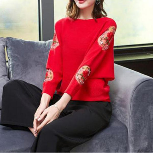 Outer Wear Loose Bat Sleeve Knit Sweater Large Size Lace Casual Sweater Spring and Autumn Print Top Coat
