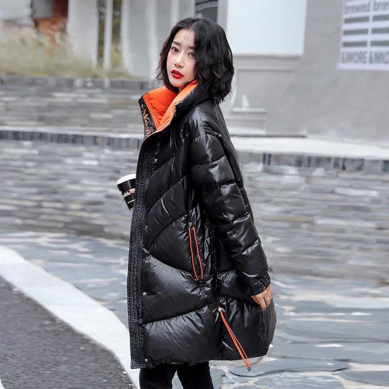 Women's Winter Korean Loose Quilted Coat Warm Stand-collar Down Jacket Women's Glossy Mid-length Down Jacket