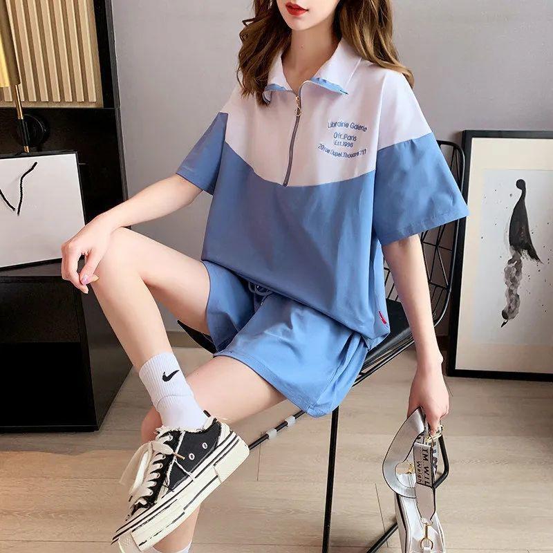 WTEMPO Casual Sportswear Women Summer Student Girls Loose Short Sleeve Shorts Two-piece Running jogging
