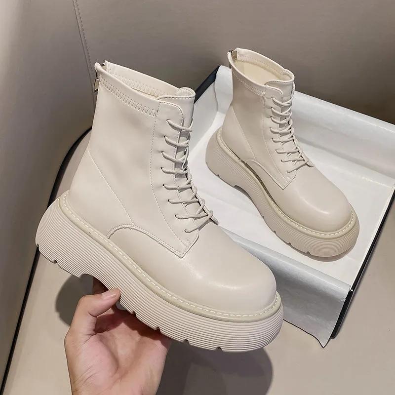 Autumn and Winter Leather Sponge Cake Thick-soled Martin Boots Thin Plush Boots Heightening Short Velvet Boots All-match