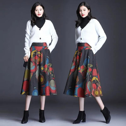 Printed Woolen Skirt Women's Mid-length Autumn and Winter Temperament Was Thin A-line Big Umbrella Skirt