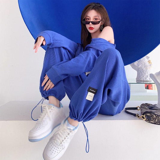 Sports Waffle Suit Women's Loose Casual High Waist Blue Wide Leg Sweatpants Spring and Autumn Tide Two-piece Suit