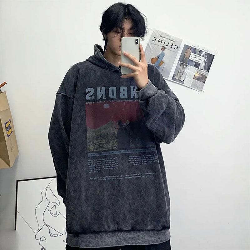 Retro Dark Style Old Hooded Sweater Men and Women with The Same Style Oversize Loose Casual Pullover Sweatshirts