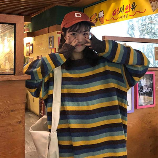 Colorblock striped round neck sweater female student autumn and winter lazy wind loose sweater