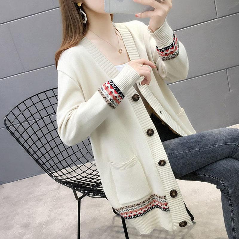 Spring and Autumn Knitted Cardigan Sweater Mid-length Casual Top Loose Outer Wear Women's Jacket