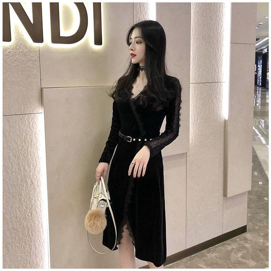 Mid-length dress wild black dress female spring and autumn sexy lace skirt plus size Slim V-neck