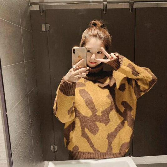 Women Knitted Sweaters Puff Printed Long Sleeve Loose Fit Pullover Leopard Winter Ladies Tops