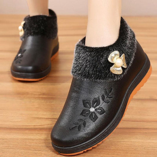 Winter Cotton Shoes Women PU Waterproof Non-slip Thick Warmth and Cotton Leather Boots Flat Shoes Women