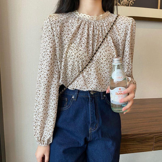 Korean Version of Women's Floral Chiffon Blouse with Round Collar Lace Stitching