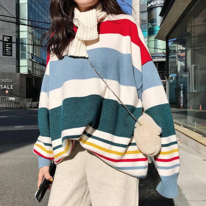 Pofulove Striped Sweater Loose Autumn Winter Korean Lazy Wild Round Neck Pullover Coat Schoolgirl