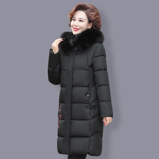 Elderly Winter Padded Jacket Women's Mid-length and Thicker Warm Embroidered Quilted Jacket