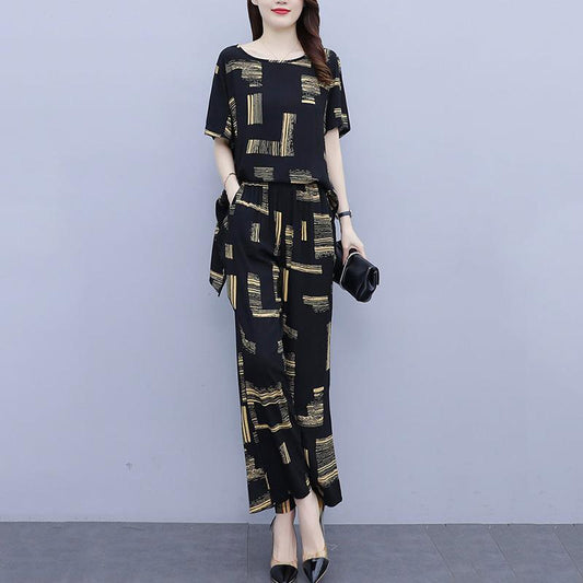 Black Printed Large Size Women's Summer Suit Casual Age-reducing Wide-leg Pants + Short-sleeved Round Neck Shirt Two-piece Set
