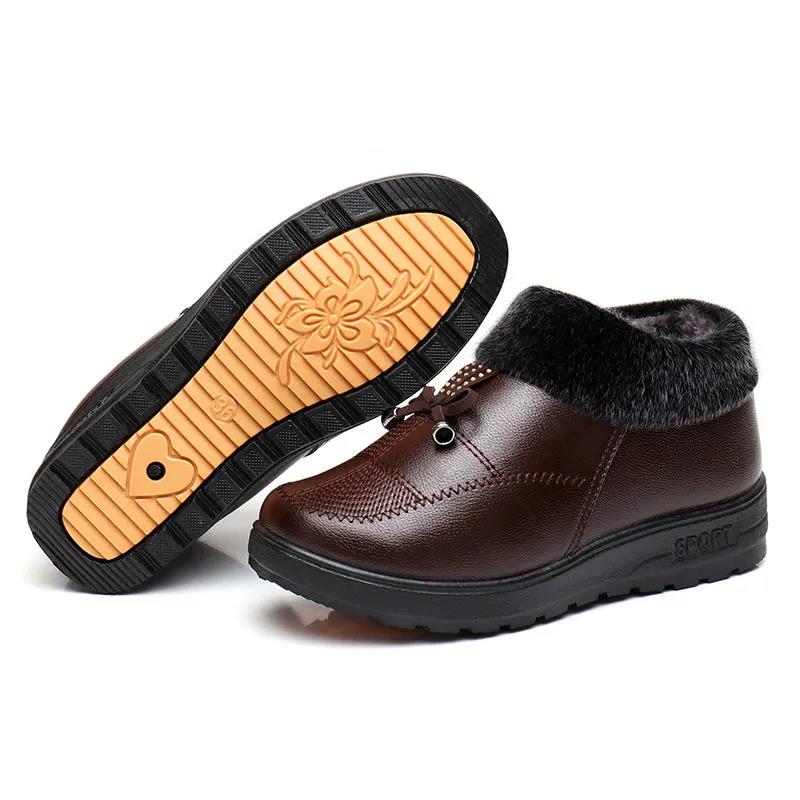 Winter Plus Velvet Warm Women's Cotton Shoes Soft Sole Thickened Waterproof Non-slip Leather Boots