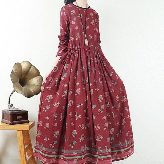 Hua Funi Retro Big Swing Cotton and Linen Women's Dress Spring Super Long Print Waist Temperament Long Skirt Loose Ethnic Style Dress