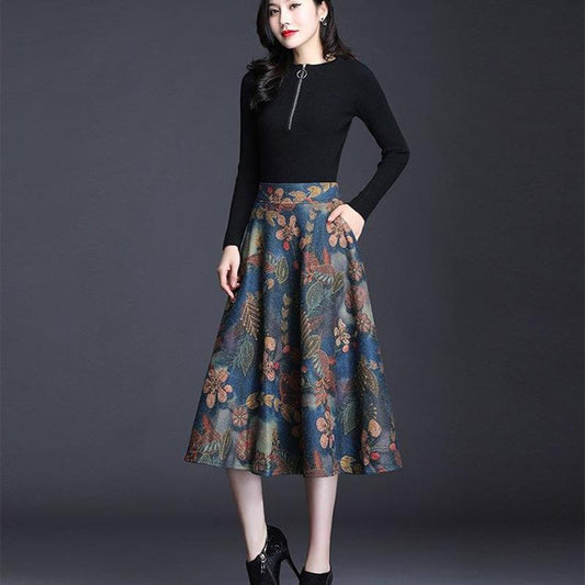 Printed Woolen Skirt Women's Mid-length Autumn and Winter Temperament Was Thin A-line Big Umbrella Skirt