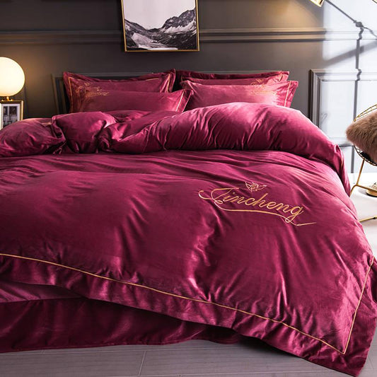 4pcs Fleece Bedding Set Pure Color Bed Sheet Quilt Cover Pillowcase Winter Warm Bedding