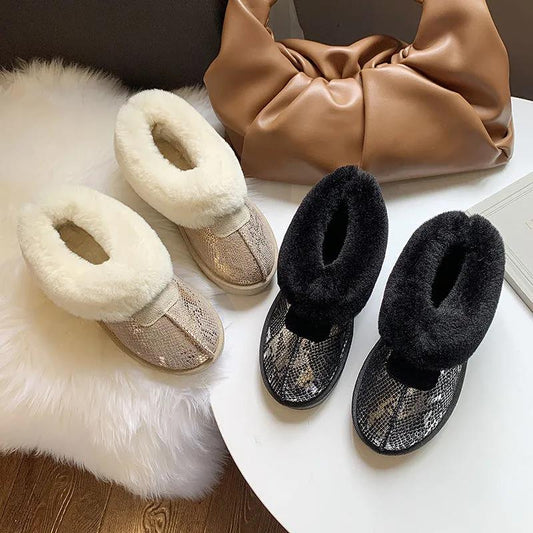 Snow Boots Women's Fur One Low Cut Plus Velvet Thickened Non-slip Wool Cotton Boots Winter Warm Cotton Shoes