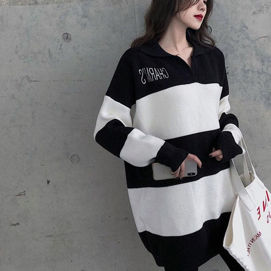 Spring Fashion Simple Sweater Striped Pattern Warm Jacket Mid-length Loose Young Women's Top