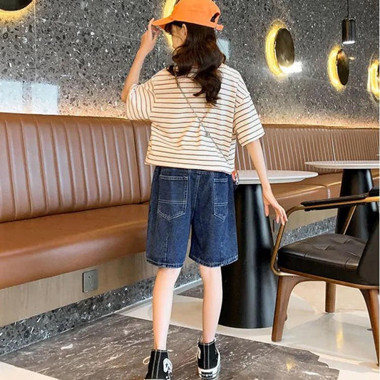 Girls' Summer Thin Loose T-shirt Jeans Suit Striped T-shirt Jeans Shorts Two Piece Casual Wear Kid Clothing