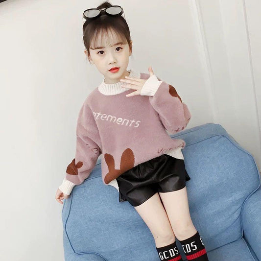 Children's Autumn/winter Sweater Korean Thick Sweater Imitation Mink Velvet Round Neck Girl Bottoming Shirt