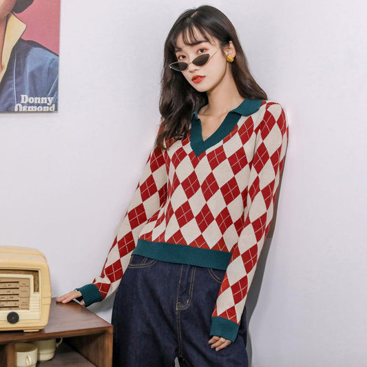 Vintage Rhombus Plaid Printed Sweater V-neck Short Women's Slim Knit Sweater All-match Pullover Jumper Top