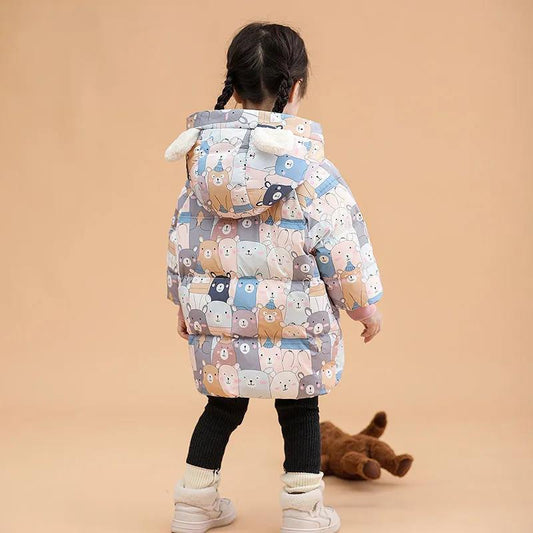 White Duck Down Children's Down Jacket Girls Mid-length Coat Baby Middle and Small Children Winter Thick Hooded Printed Cotton Jackets