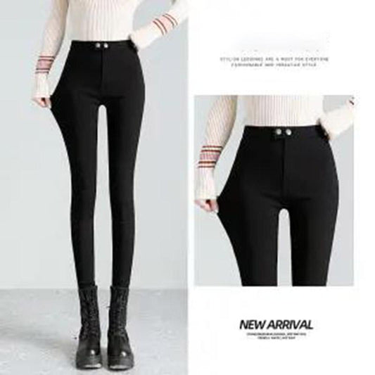 Double-button Shape Leggings Winter Slim Leggings Plus Velvet Thickening Outer Wear Solid Color Warm Stretch Leggings