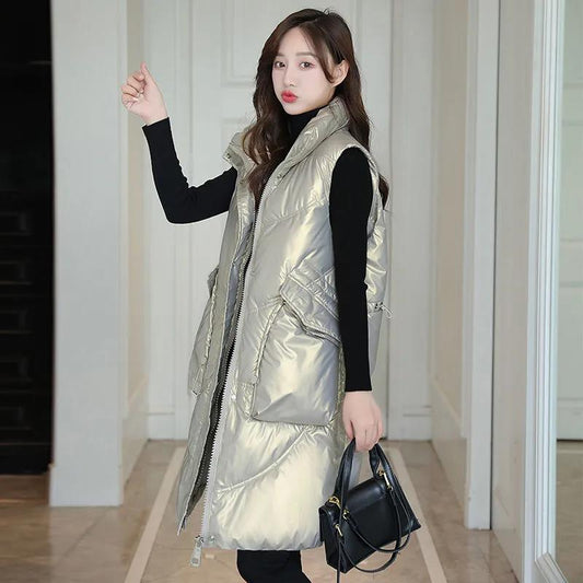 Cold-proof Vest Women's Autumn and Winter Bright Surface Wash-free Down Cotton Mid-length Outer Wear Vest Jacket