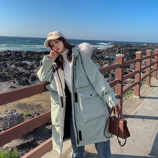 Faux Fur Collar Mid-length Down Jacket Women's Length Over The Knee, Large Size, Thicker, Loose Waist and Slim