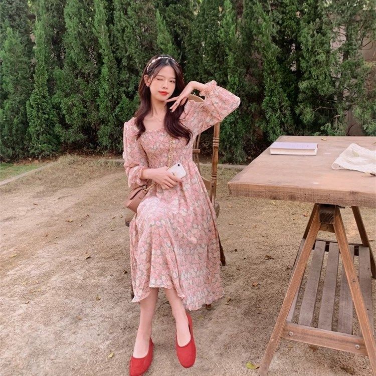 Women's Spring and Summer French Elegant Waist Slim Mid Length Versatile High Waist Floral Chiffon Dress