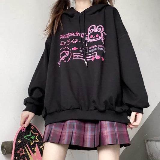 Sweatshirts Anime Hoodies Pink Cartoon Printed Hooded Tops Black Fashion Streetwear Fall Winter Pullover Hoodies Loose Harajuku Hip Hop Sweatshirt