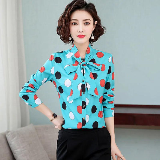 Women's Spring and Autumn Chiffon Long Sleeve Shirt Bow Tie Loose Print Top