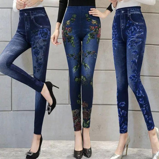 Colorful Floral Sexy Womens Skinny Blue Jean Denim Leggings Stretchy Jeggings Pants