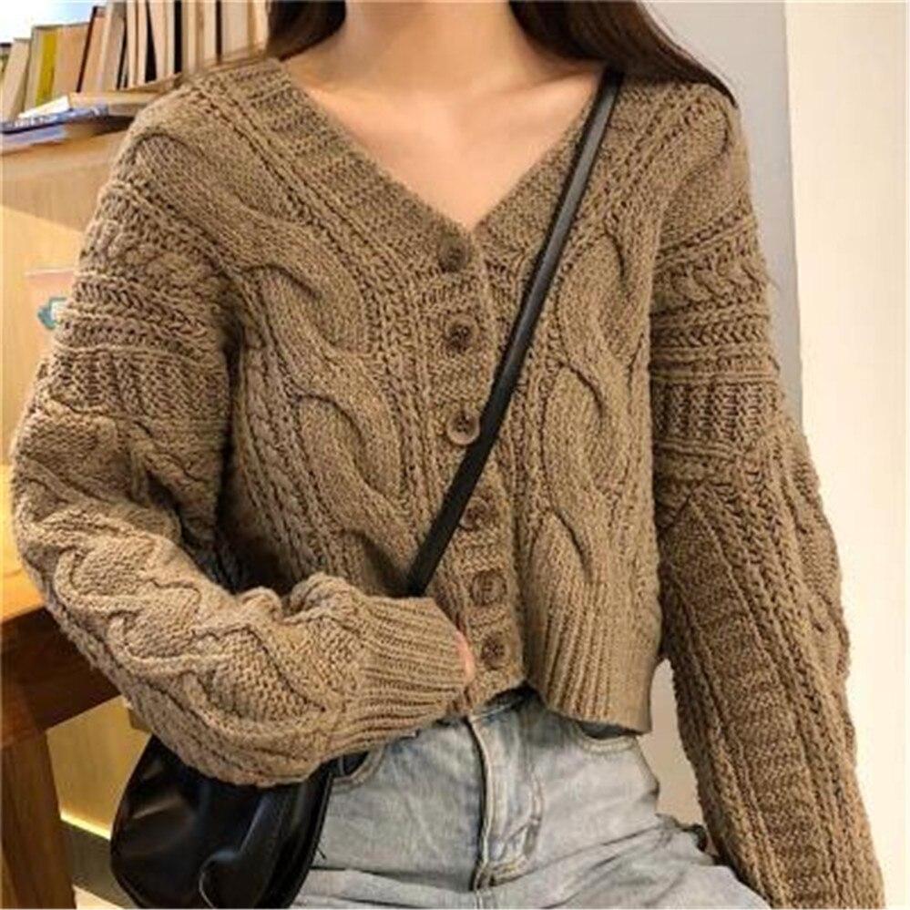 Women's Spring Autumn Sweater Retro V-Neck Long Sleeve Knit Top Solid Color Simple Warm Cardigan Women's Pullover