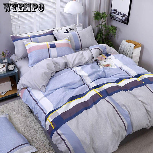 4Pcs Blue Solid Color Bedding Set Duvet Cover Cushion Sets Linen Bed Sheet Bed Sets