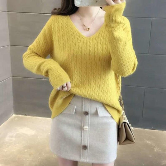 V-neck Sweater Women Spring and Autumn Loose Short Bottoming Shirt Solid Color Stitching Bottoming Blouse Women Pullover